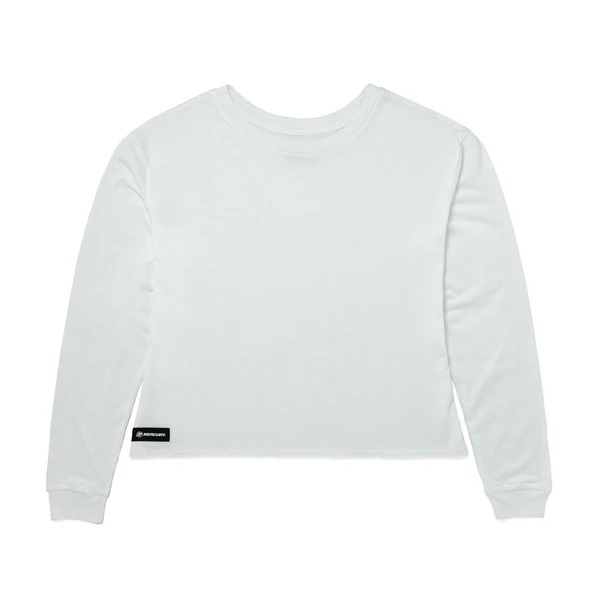 Image of a white cropped long sleeve tee with black Mercury logo