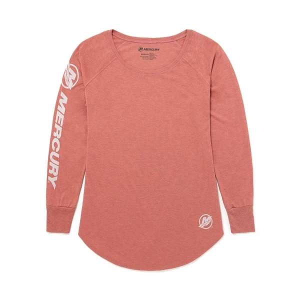 Image of a salmon colored long sleeve with white Mercury logo