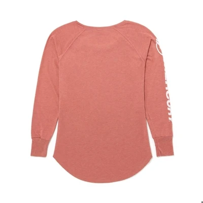 Image of a salmon colored long sleeve with white Mercury logo