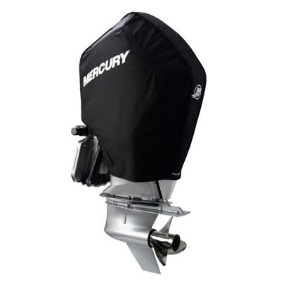 Image of the Black Mercury Tow-n-Stow Engine Cover - 200-300hp, 4.6L V8 2018-2024 with white Mercury logo