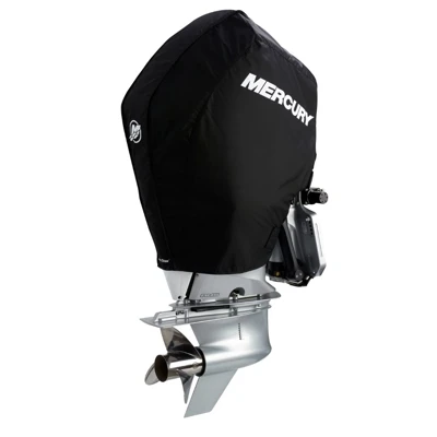 Image of the Black Mercury Tow-n-Stow Engine Cover - 200-300hp, 4.6L V8 2018-2024 with white Mercury logo