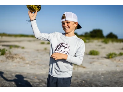 Image of a gray long sleeve tee with black and white Mercury design