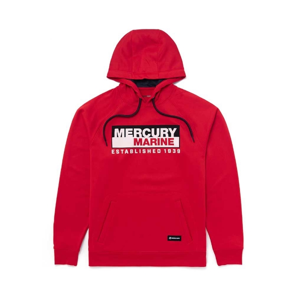 Image of the red Legacy Logo Hoodie with Mercury Marine logo on the front