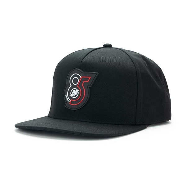 Black 85th Anniversary Flatbill Cap Right Side View Product Image on white background