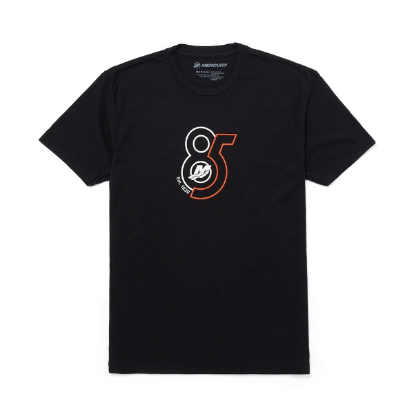 Image of a black tee with white and red 85th anniversary design