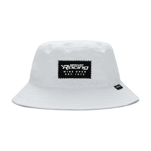 White Mercury Racing Bucket Cap Product Image with Mercury Racing on the front