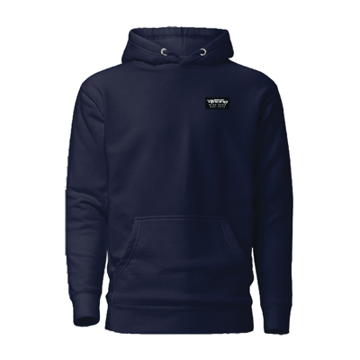 Image of a navy hoodie with white Mercury Racing logo	