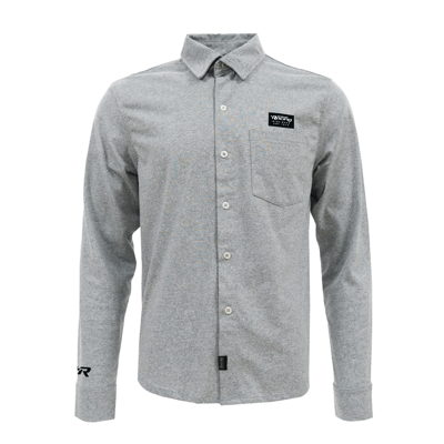 Image of a gray button up shirt with black Mercury logo	