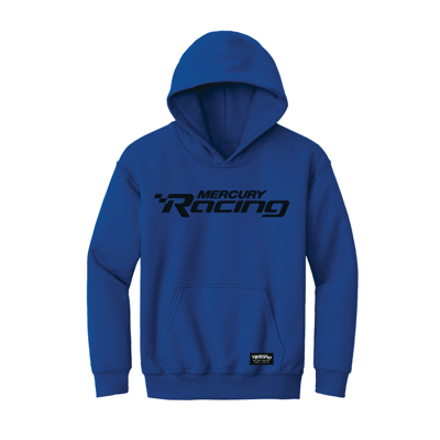 Image of a blue hoodie with black Mercury Racing logo	