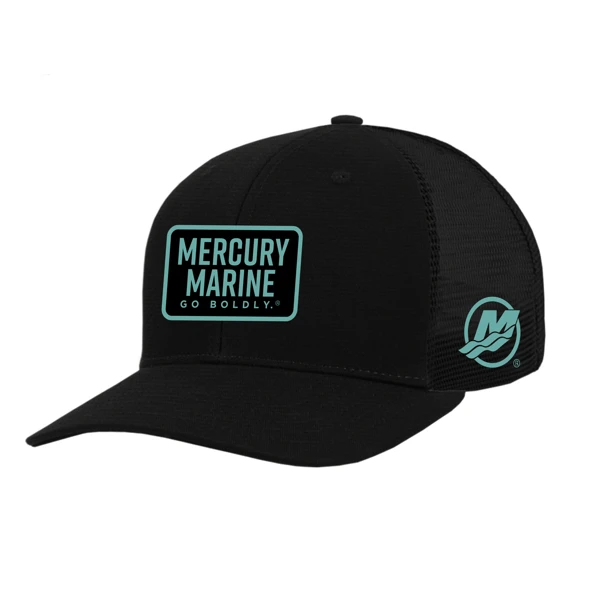 Image of a black trucker hat with a slightly curved brim and a teal patch and accents	