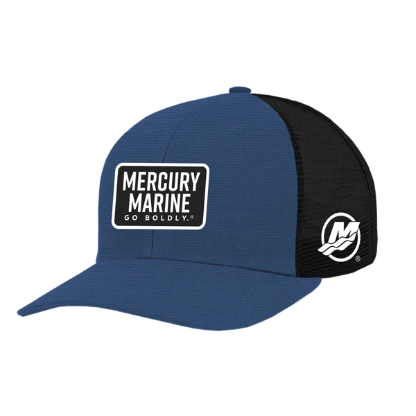 Image of the Royal/Black Marine Trucker with Mercury Marine Patch on the front