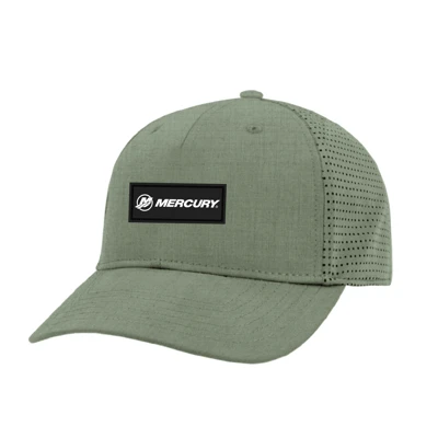 Image of a light green performance hat with a Mercury PVC patch on the fron in black	