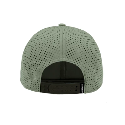 Image of a light green performance hat with a Mercury PVC patch on the fron in black	