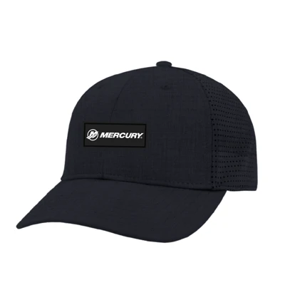 Image of a navy performance hat with a Mercury PVC patch on the front in black	