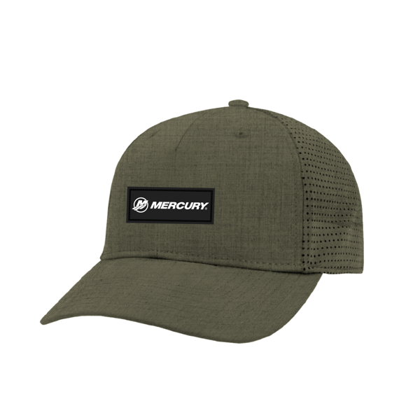 Image of an olive performance hat with a Mercury PVC patch on the front