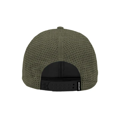 Image of an olive performance hat with a Mercury PVC patch on the front