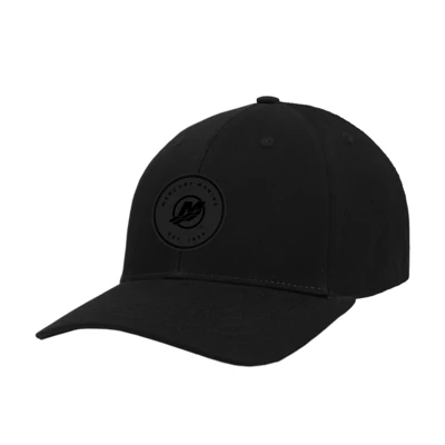 Image of a black cap with a curved bill and a stretch closure back	