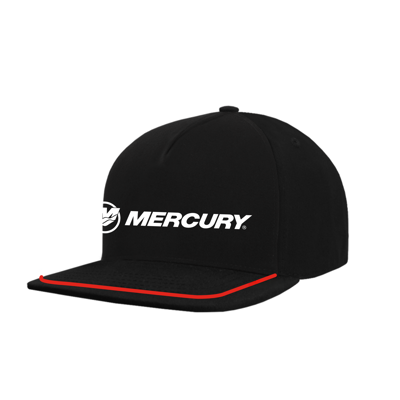 Image of the Red/Black Flatbill Cap with white Mercury logo on the front