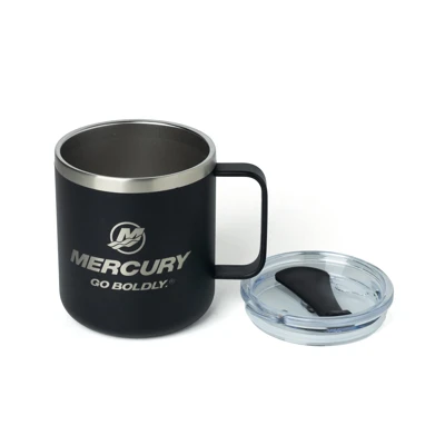 This image shows a black mug with a stainless steel lid and handle. The Mercury Marine logo is prominently displayed on the front, along with the phrase "Go Boldly."