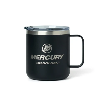 This image shows a black mug with a stainless steel lid and handle. The Mercury Marine logo is prominently displayed on the front, along with the phrase "Go Boldly."