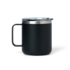 This image shows a black mug with a stainless steel lid and handle. The Mercury Marine logo is prominently displayed on the front, along with the phrase "Go Boldly."