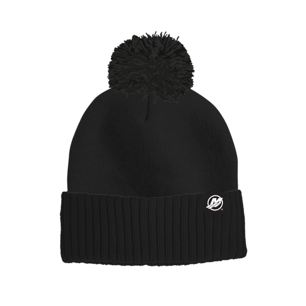 Image of a black knit pom beanie with a mercury logo patch	