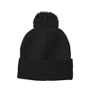 Image of a black knit pom beanie with a mercury logo patch	