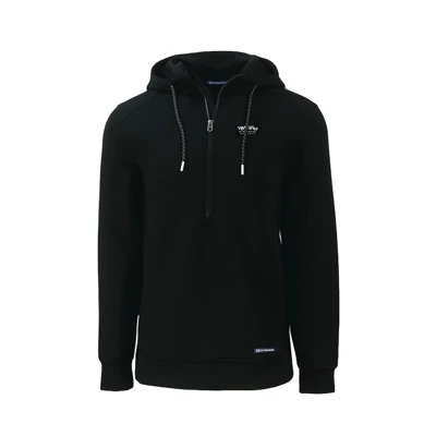 Image of a black full zip hoodie with Mercury Racing logo	