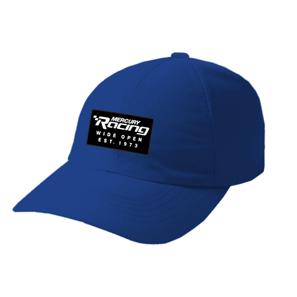 Blue baseball cap with a black "Mercury Racing, Wide Open, Est. 1973" patch on the front.	