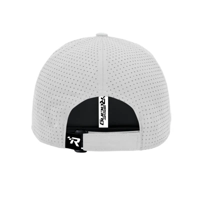 White mesh baseball cap with a white and black "R" patch on the front.	