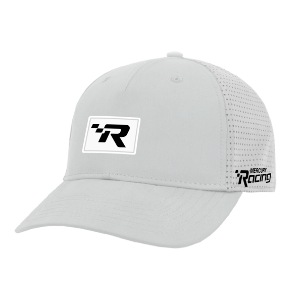 White mesh baseball cap with a white and black "R" patch on the front.	