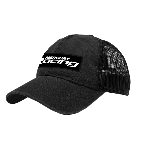 A black trucker hat with a black mesh back features a black and white "Mercury Racing" patch on the front.	