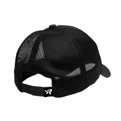 A black trucker hat with a black mesh back features a black and white "Mercury Racing" patch on the front.	