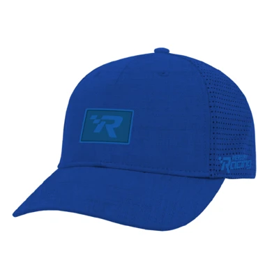 Blue mesh baseball cap with blue "Mercury Racing-R" logo PVC patch on the front.	