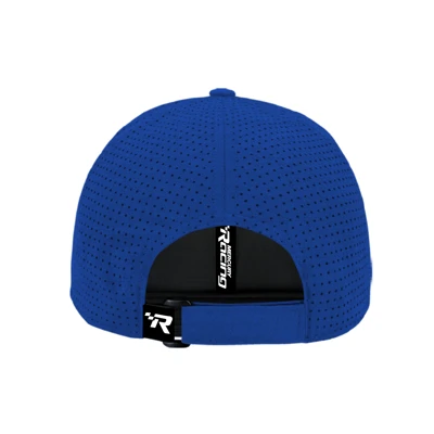 Blue mesh baseball cap with blue "Mercury Racing-R" logo PVC patch on the front.	