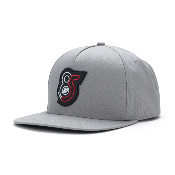 Grey 85th Anniversary Flatbill Cap Left Side View Product Image on white background	