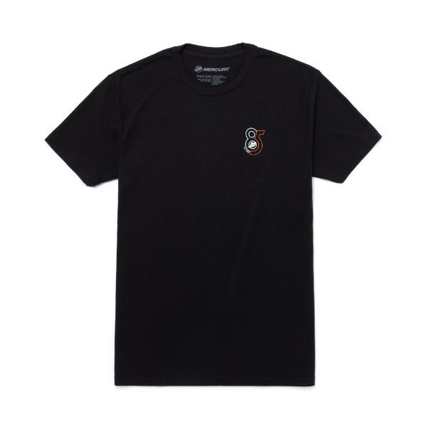 Image of a black tee with white and red 85th anniversary design	