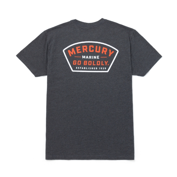 Image of the Charcoal Go Boldly Tee with Mercury Marine logo on the back