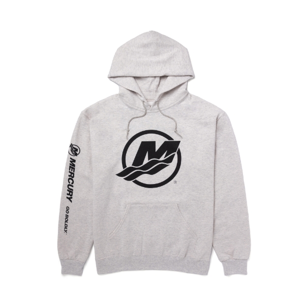 Image of the Grey Icon Hoodie with Mercury logo on the front and on the right sleeve