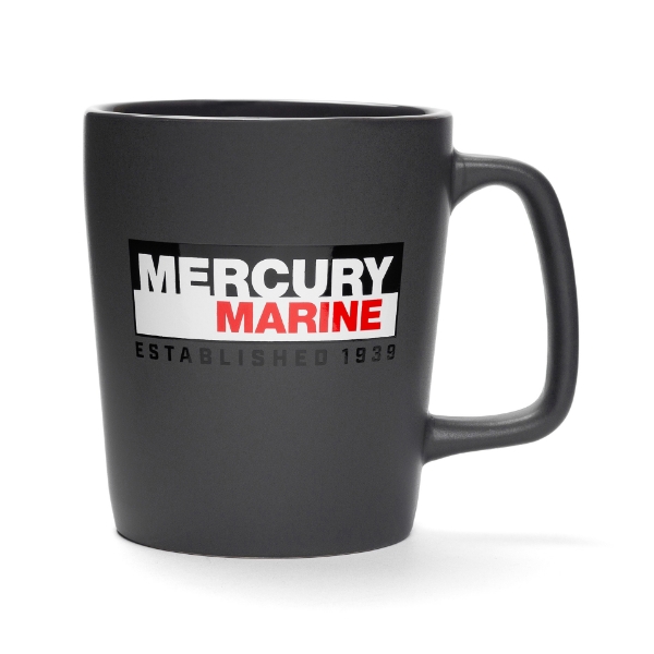 Image of a gray mug with a black, white and red Mercury Marine logo	