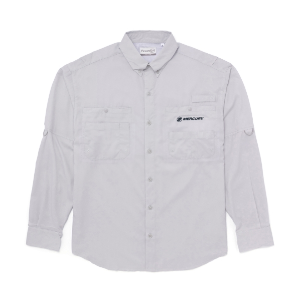 Image of the Aluminum Long Sleeve Fishing Shirt with black Mercury logo on the left chest pocket