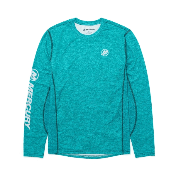 Image of the Mint Heather Long Sleeve Performance Shirt with white Mercury logo on the left chest and on the right sleeve