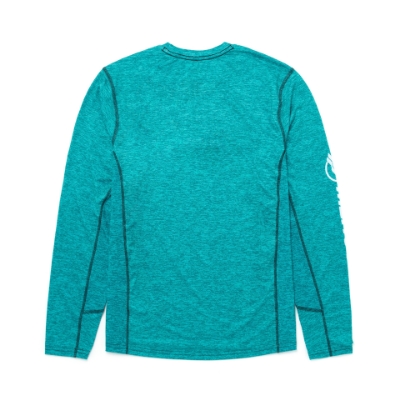 Image of the Mint Heather Long Sleeve Performance Shirt with white Mercury logo on the left chest and on the right sleeve