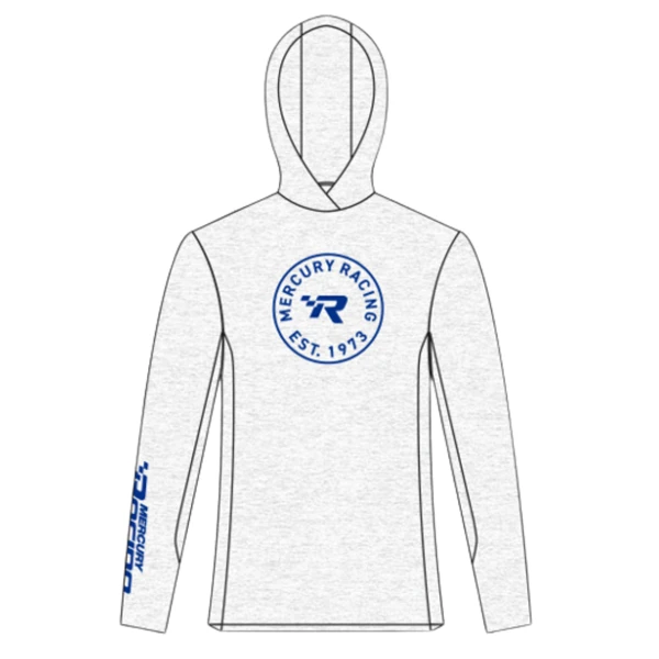 White hooded performance shirt with blue Mercury Racing Graphics on chest and Right Sleeve