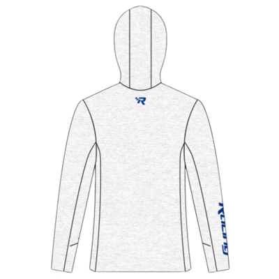 White hooded performance shirt with blue Mercury Racing Graphics on chest and Right Sleeve