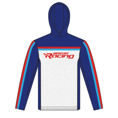 Red, white, Royal Blue and light blue hooded performance shirt with 