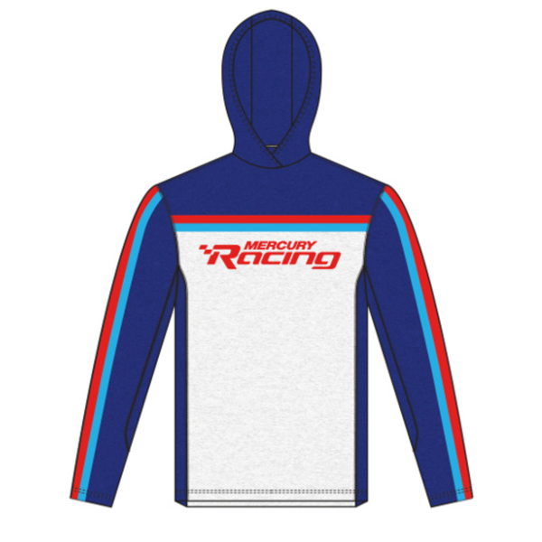 Red, white, Royal Blue and light blue hooded performance shirt with 