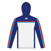 back view of Red, white, Royal Blue and light blue hooded performance shirt with Mercury Racing logo on locker patch of shirt