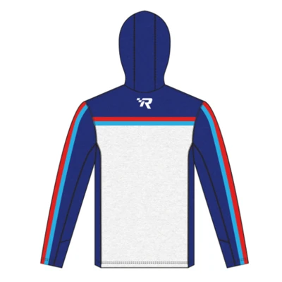 Red, white, Royal Blue and light blue hooded performance shirt with 