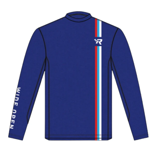 Red, white, Royal Blue and light blue performance long sleeve with Mercury Racing logo on left chest and words WIDE OPEN on right sleeve